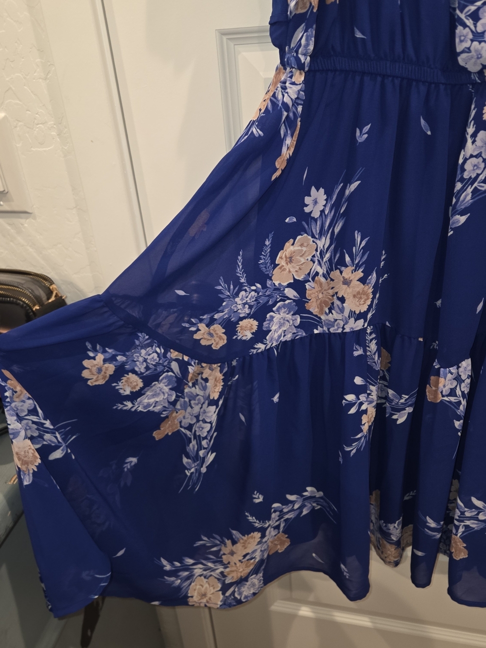torrid Blue Floral Tiered Midi Dress with Cream and Tan Blooms - Picture 2 of 10